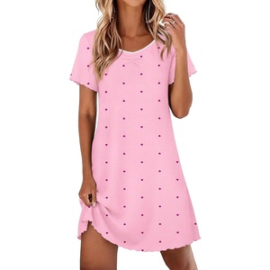 Ekouaer Nightgowns for Women Lace Trim Night Gown Ruffle Night Shirts(Pink Red Hearts)