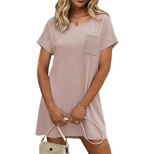 Ekouaer Nightgowns for Women Ribbed Viscose Sleep Shirts T-shirt Sleep Dress Short Sleeve Night Shirt with Chest Pocket S-2XL(Light Khaki)