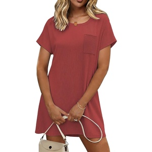 Ekouaer Nightgowns for Women Ribbed Viscose Sleep Shirts T-shirt Sleep Dress Short Sleeve Night Shirt with Chest Pocket S-2XL(Red)