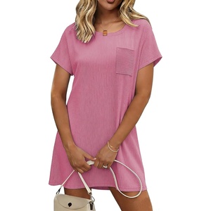 Ekouaer Nightgowns for Women Ribbed Viscose Sleep Shirts T-shirt Sleep Dress Short Sleeve Night Shirt with Chest Pocket S-2XL(Rose Red)