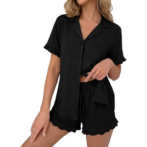 Ekouaer Pajamas Set for Women Button Down Pjs Lounge Sets Ruffle Sleepwear(Black)