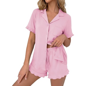 Ekouaer Pajamas Set for Women Button Down Pjs Lounge Sets Ruffle Sleepwear(Dark Pink)