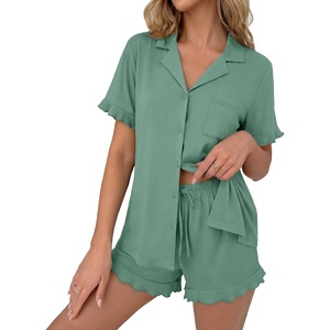 Ekouaer Pajamas Set for Women Button Down Pjs Lounge Sets Ruffle Sleepwear(Gray Green)