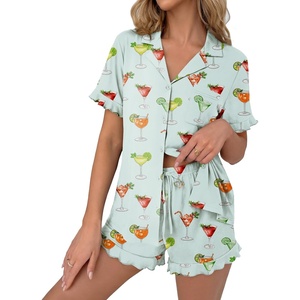 Ekouaer Pajamas Set for Women Button Down Pjs Lounge Sets Ruffle Sleepwear(Green Cocktail Glass)