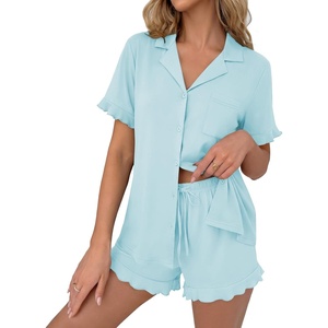 Ekouaer Pajamas Set for Women Button Down Pjs Lounge Sets Ruffle Sleepwear(Ice Blue)
