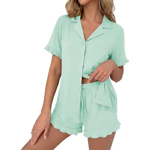 Ekouaer Pajamas Set for Women Button Down Pjs Lounge Sets Ruffle Sleepwear(Ice Green)