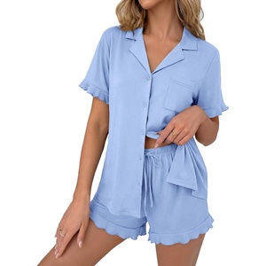 Ekouaer Pajamas Set for Women Button Down Pjs Lounge Sets Ruffle Sleepwear(Light Blue)