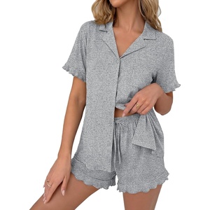 Ekouaer Pajamas Set for Women Button Down Pjs Lounge Sets Ruffle Sleepwear(Light Gray)