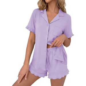 Ekouaer Pajamas Set for Women Button Down Pjs Lounge Sets Ruffle Sleepwear(Lilac)