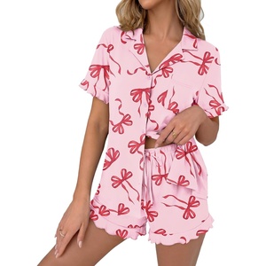 Ekouaer Pajamas Set for Women Button Down Pjs Lounge Sets Ruffle Sleepwear(Pink With Red Bow)