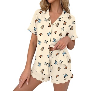 Ekouaer Pajamas Set for Women Button Down Pjs Lounge Sets Ruffle Sleepwear(Yellow Butterfly)
