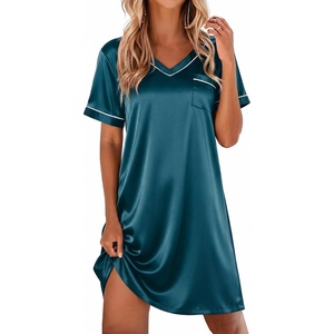 Ekouaer Satin Nightgowns for Women Silk Sleep Shirts V Neck T Shirt Dress(Blue)