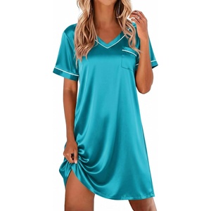 Ekouaer Satin Nightgowns for Women Silk Sleep Shirts V Neck T Shirt Dress(Blue Green)