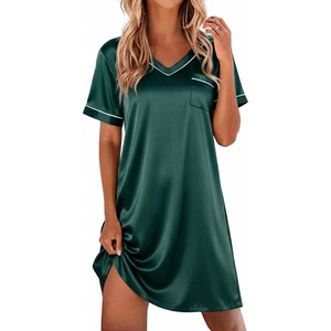 Ekouaer Satin Nightgowns for Women Silk Sleep Shirts V Neck T Shirt Dress(Green)