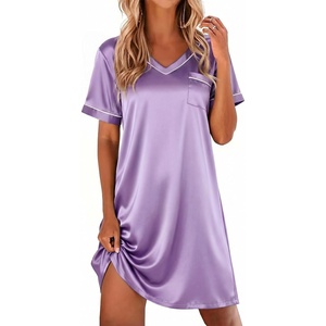 Ekouaer Satin Nightgowns for Women Silk Sleep Shirts V Neck T Shirt Dress(Lilac)