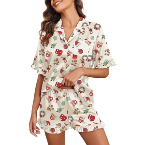 Ekouaer Satin Pajama Set for Women 2 Piece Pj Sets Short Sleeve Sleepwear(Light Apricot/Candy Cane)