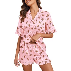 Ekouaer Satin Pajama Set for Women 2 Piece Pj Sets Short Sleeve Sleepwear(Pink/Cookie Man)