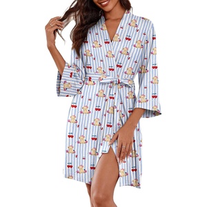 Ekouaer Women Robes Knee Length Kimono Bathrobe Lightweight Soft Sleepwear(Blue Striped Teddy Bear)
