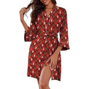 Ekouaer Women Robes Knee Length Kimono Bathrobe Lightweight Soft Sleepwear(Red Plaid Teddy Bear)