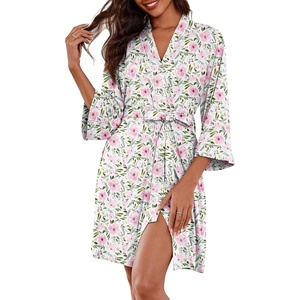 Ekouaer Women Robes Knee Length Kimono Bathrobe Lightweight Soft Sleepwear(White Pink Floral)
