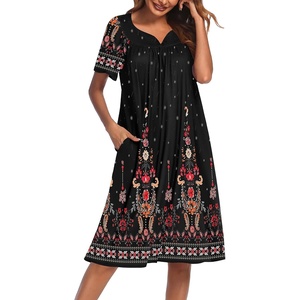 Ekouaer Women’s House Dress with Pockets(Black Ethnic Floral)