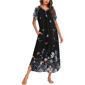 Ekouaer Womens Nightgown Long Nightgowns Full Length Moo Moos with Pockets(Black Butterfly Floral)