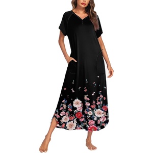 Ekouaer Womens Nightgown Long Nightgowns Full Length Moo Moos with Pockets(Black Floral)