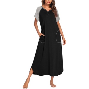 Ekouaer Womens Nightgown Long Nightgowns Full Length Moo Moos with Pockets(Black/Grey)