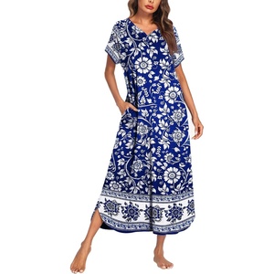 Ekouaer Womens Nightgown Long Nightgowns Full Length Moo Moos with Pockets(Blue Bohemian Flowers)