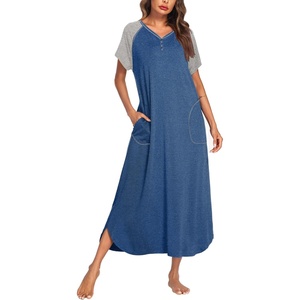 Ekouaer Womens Nightgown Long Nightgowns Full Length Moo Moos with Pockets(Blue/Grey)