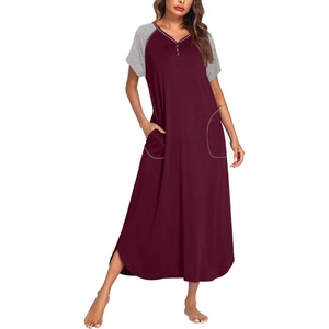 Ekouaer Womens Nightgown Long Nightgowns Full Length Moo Moos with Pockets(Fuchsia/Grey)