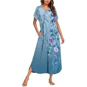Ekouaer Womens Nightgown Long Nightgowns Full Length Moo Moos with Pockets(Light Blue Flower)