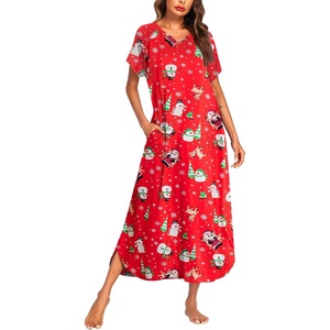 Ekouaer Womens Nightgown Long Nightgowns Full Length Moo Moos with Pockets(Red Snowman)