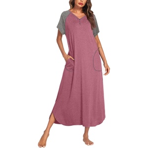 Ekouaer Womens Nightgown Long Nightgowns Full Length Moo Moos with Pockets(Red/Grey)