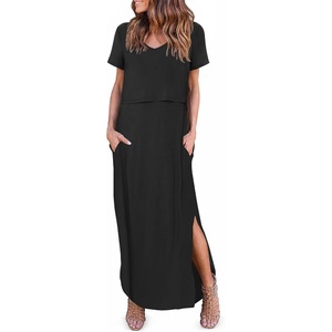 Ekouaer Womens Nursing Dress Breastfeeding Summer V Neck Maternity Dresses(Black)