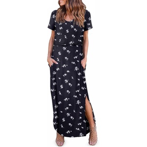 Ekouaer Womens Nursing Dress Breastfeeding Summer V Neck Maternity Dresses(Black-floral-white)