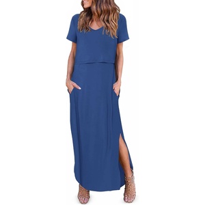 Ekouaer Womens Nursing Dress Breastfeeding Summer V Neck Maternity Dresses(Dark Blue)