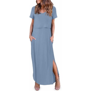 Ekouaer Womens Nursing Dress Breastfeeding Summer V Neck Maternity Dresses(Grey Blue)