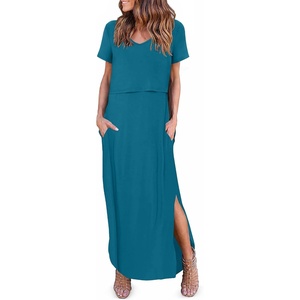 Ekouaer Womens Nursing Dress Breastfeeding Summer V Neck Maternity Dresses(Teal)