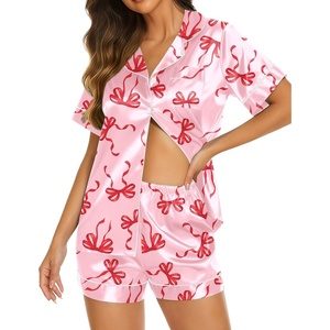 Ekouaer Womens Pajamas Silk Satin Short Sleeve Button Down Pjs Shorts Set(Bow Pink Red)