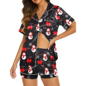 Ekouaer Womens Pajamas Silk Satin Short Sleeve Button Down Pjs Shorts Set(Christmas Black)