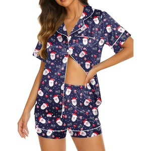 Ekouaer Womens Pajamas Silk Satin Short Sleeve Button Down Pjs Shorts Set(Christmas Navy)