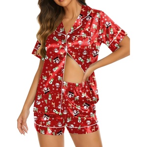 Ekouaer Womens Pajamas Silk Satin Short Sleeve Button Down Pjs Shorts Set(Christmas Red)