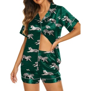 Ekouaer Womens Pajamas Silk Satin Short Sleeve Button Down Pjs Shorts Set(Dark Green-tiger)