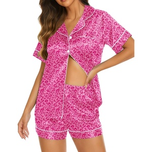 Ekouaer Womens Pajamas Silk Satin Short Sleeve Button Down Pjs Shorts Set(Leopard Rose)