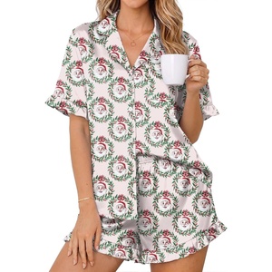 Ekouaer Womens Satin Pajamas Set Button Up Silk Pjs Short Sleeve Shorts Set(Christmas Wreath)