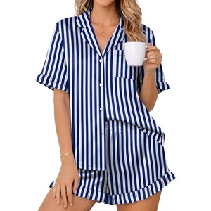 Ekouaer Womens Satin Pajamas Set Button Up Silk Pjs Short Sleeve Shorts Set(Navy Stripes)