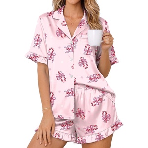Ekouaer Womens Satin Pajamas Set Button Up Silk Pjs Short Sleeve Shorts Set(Pink Candy Cane)