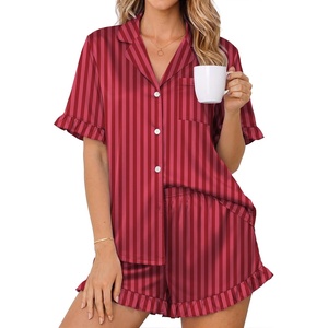 Ekouaer Womens Satin Pajamas Set Button Up Silk Pjs Short Sleeve Shorts Set(Red Pink Stripes)
