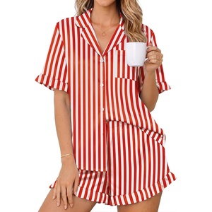 Ekouaer Womens Satin Pajamas Set Button Up Silk Pjs Short Sleeve Shorts Set(Red Stripes)